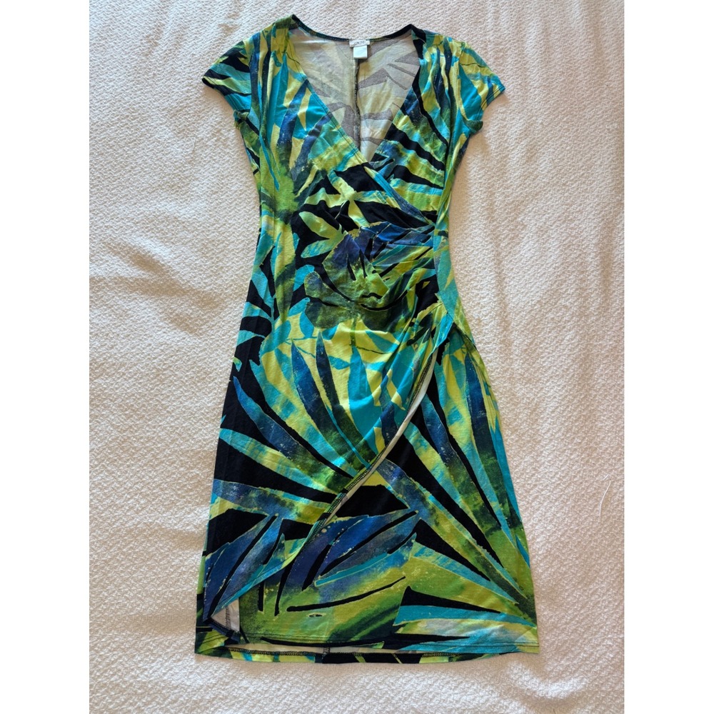 Cache Tropical Leaf Print Faux Wrap Sheath Dress Blue Green V-Neck Size M
